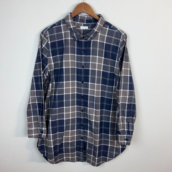 Garnet Hill Flannel Tunic Button Up Shirt 16 Gray Plaid Organic‎ Cotton - Picture 1 of 10